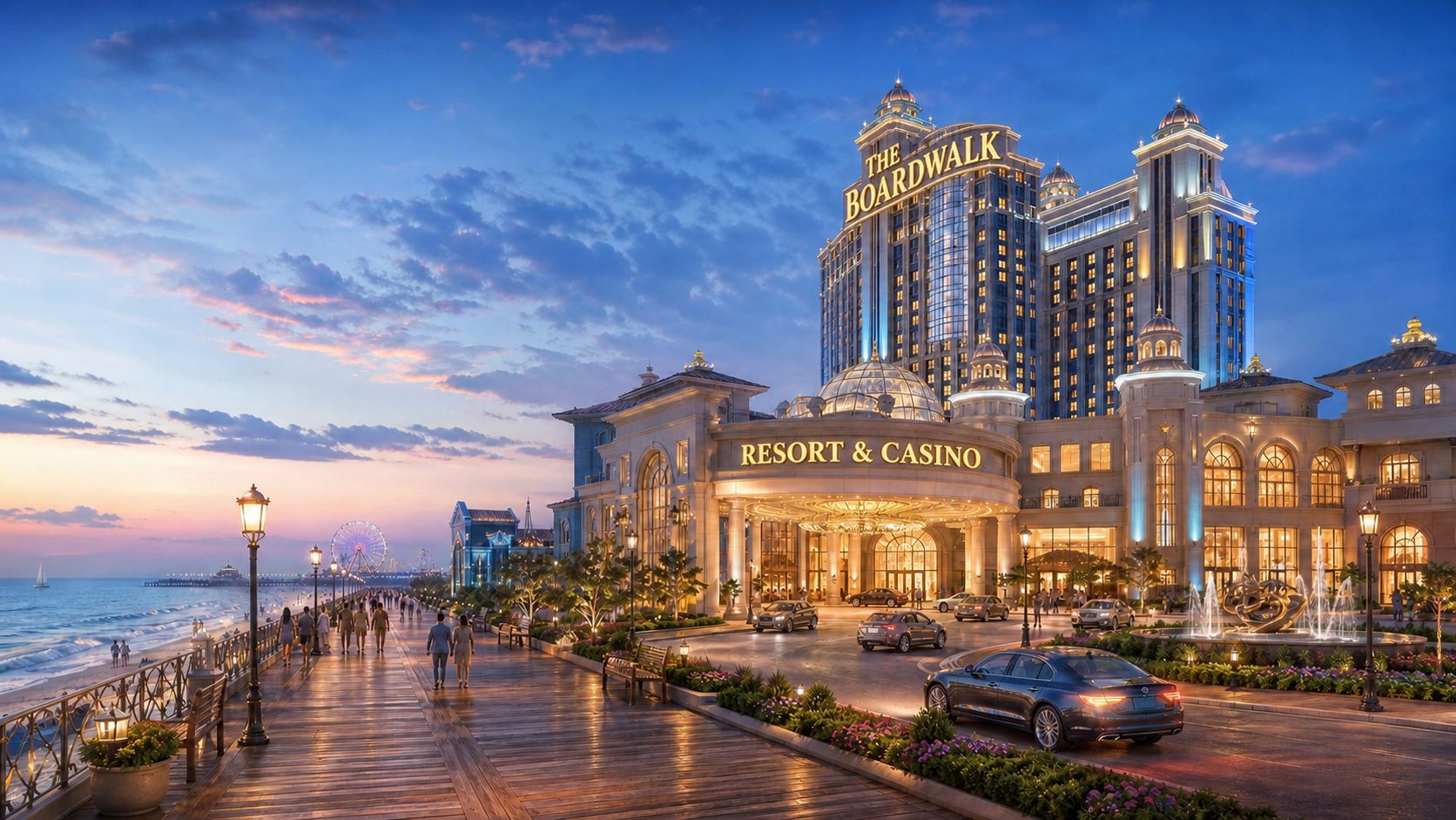 The Boardwalk resort and casino on the Atlantic City waterfront at dusk